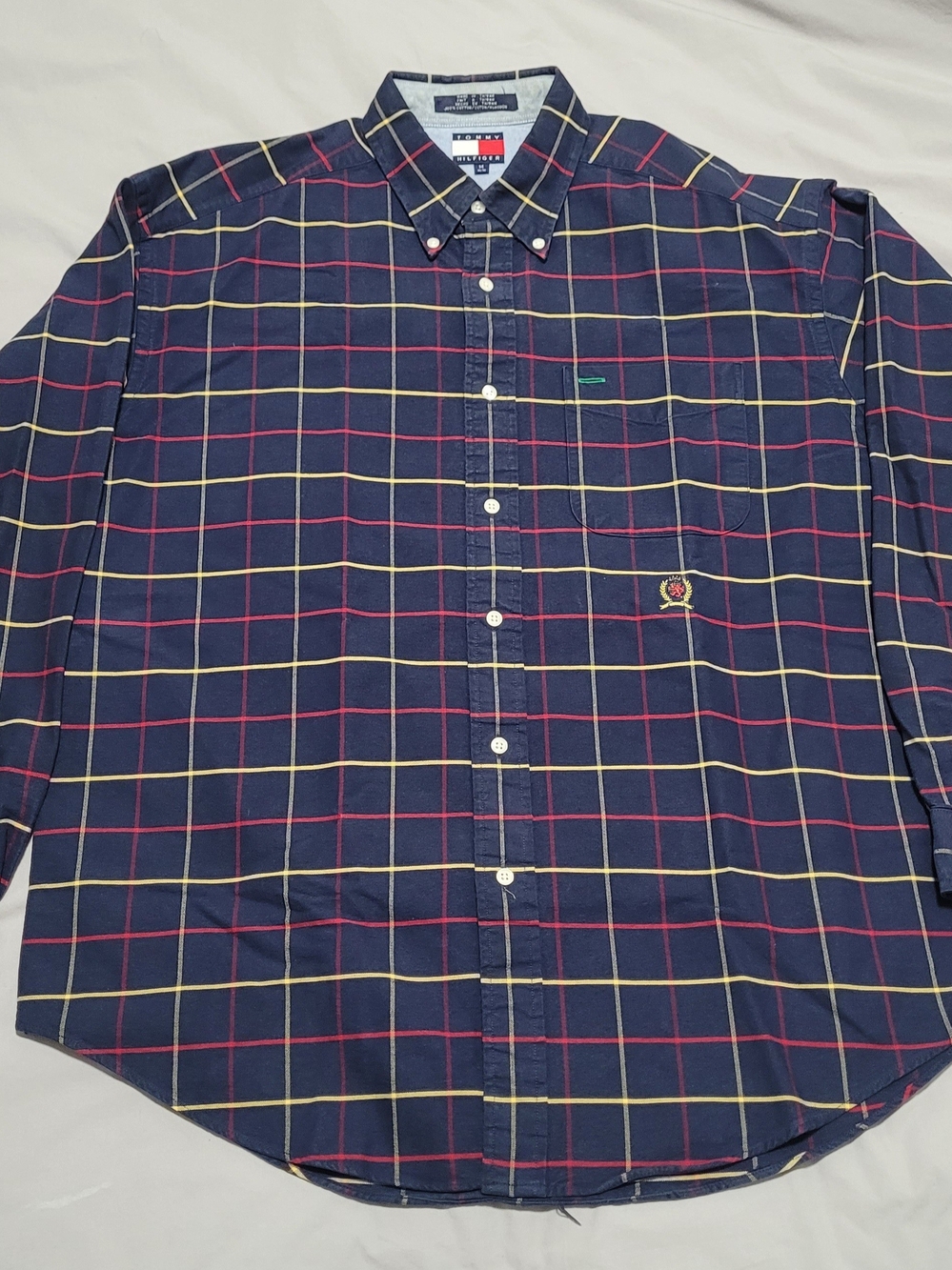 Tommy Hilfiger Men’s Navy Windowpane Button-Down Shirt Y2K Old Tag Size LARGE +